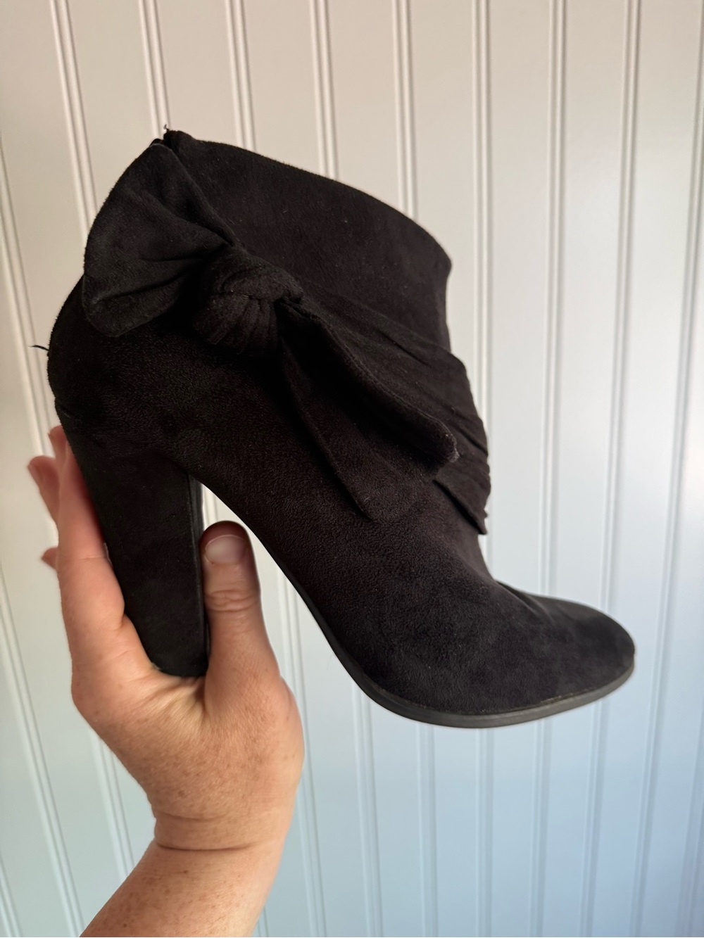 Women's Black Suede Ankle Boot with Bow Detail